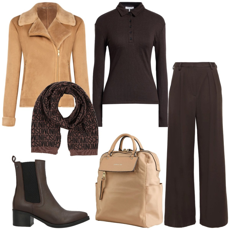 Outfit donna - Ufficio. Stile Mannish per Ufficio. Abbinamento con stivaletti chelsea, pullovers, pantaloni, sciarpe, zaini, giacche.