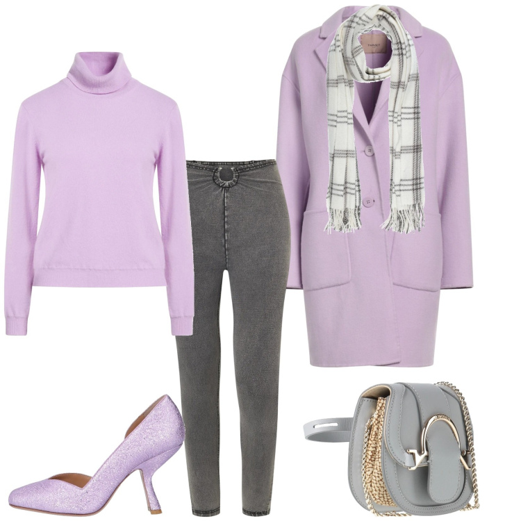 Outfit donna - Total look #2318252. Stile Chic per Serata fuori. Abbinamento con décolleté, sciarpe, cappotti, marsupi, maglieria, jeggings.