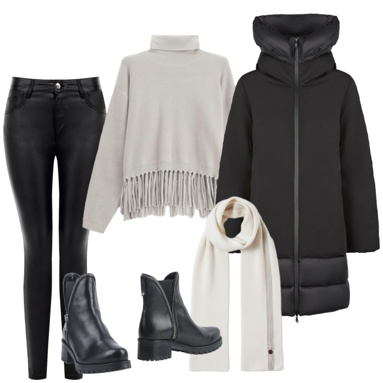 Outfit donna - Inverno con il piumino lungo. Stile Minimal per Tutti i giorni. Abbinamento con stivaletti, maglieria, piumini, pantaloni skinny, sciarpe.
