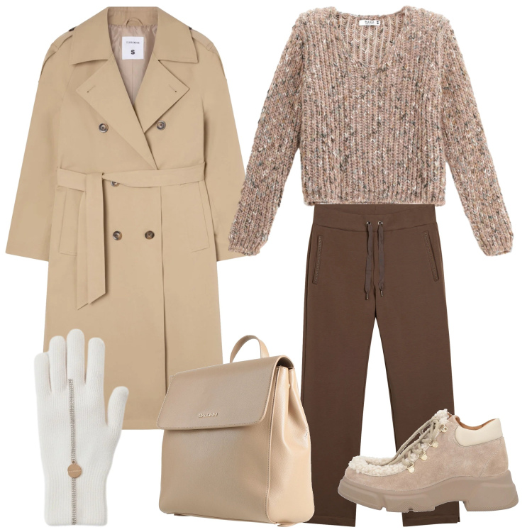 Outfit donna - Winter. Stile Casual chic per Tutti i giorni. Abbinamento con stivaletti, zaini, trench, maglieria, pantaloni, guanti.