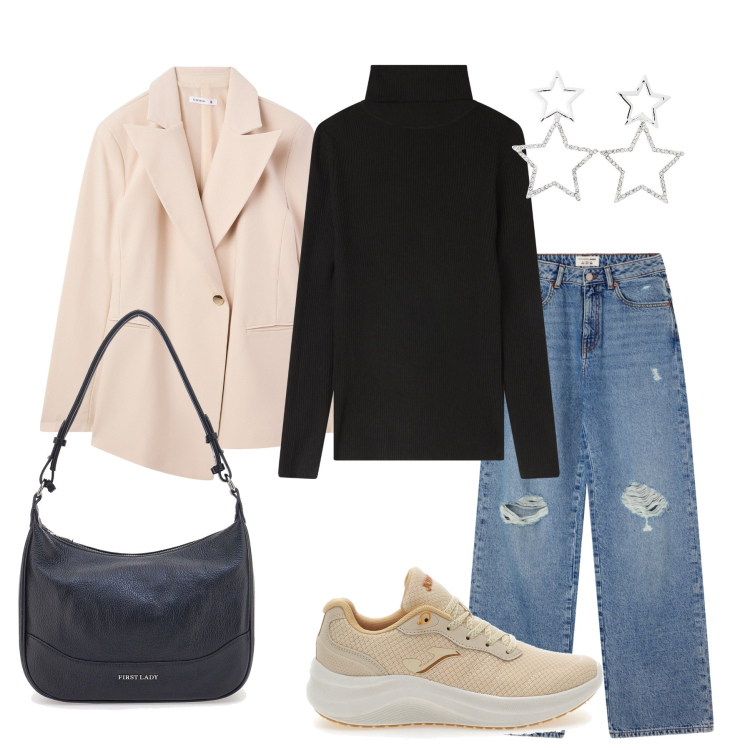 Outfit donna - Casual di stagione. Stile Minimal per Tutti i giorni. Abbinamento con maglieria, blazer, orecchini, jeans strappati, sneakers, borse a tracolla.