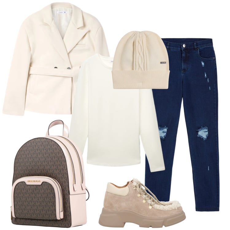 Outfit donna - Pomeriggio. Stile Sporty chic per Tutti i giorni. Abbinamento con stivaletti, zaini, blazer, t-shirt, jeans skinny, berretti.