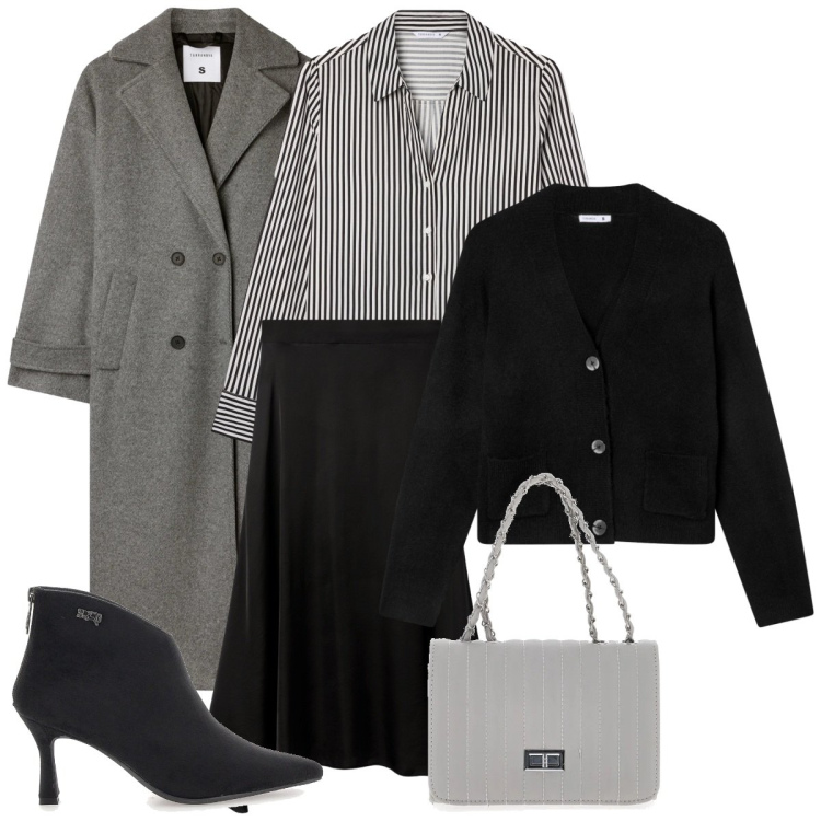 Outfit donna - Sabato sera. Stile Basic per Serata fuori. Abbinamento con camicie, gonne longuette, cardigans, cappotti, stivaletti, borse a tracolla.