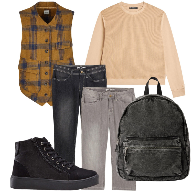 Outfit donna - Per quando mi sento un lui. Stile Mannish per Tutti i giorni. Abbinamento con jeans, sneakers alte, zaini, felpe, gilet.