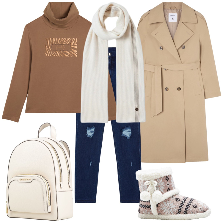 Outfit donna - Total look. Stile Casual chic per Tutti i giorni. Abbinamento con pantofole, zaini, trench, felpe, jeans skinny, sciarpe.