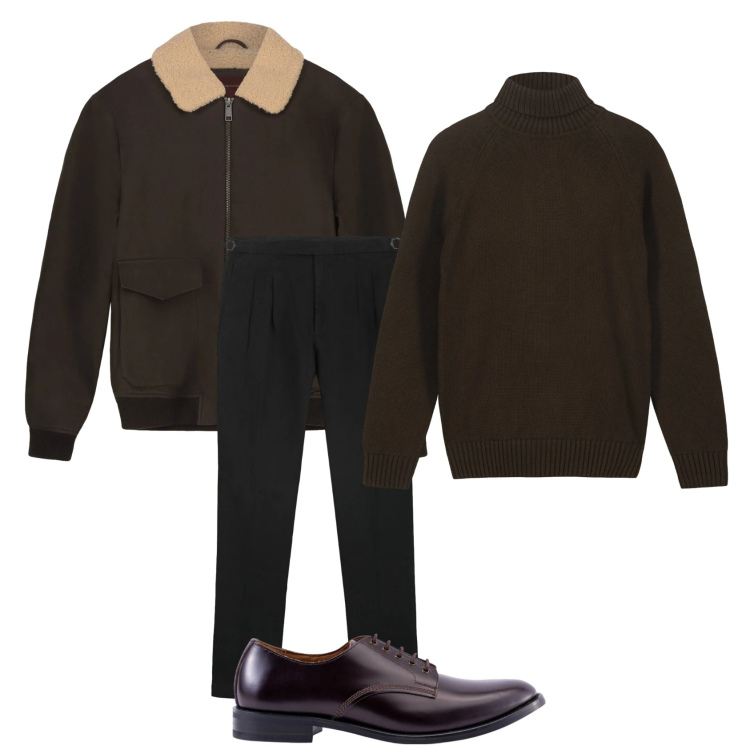 Outfit uomo - Dark brown- sei l\'essenziale. Stile Business/Elegante per Ufficio. Abbinamento con bomber, scarpe stringate, pullovers, pantaloni.