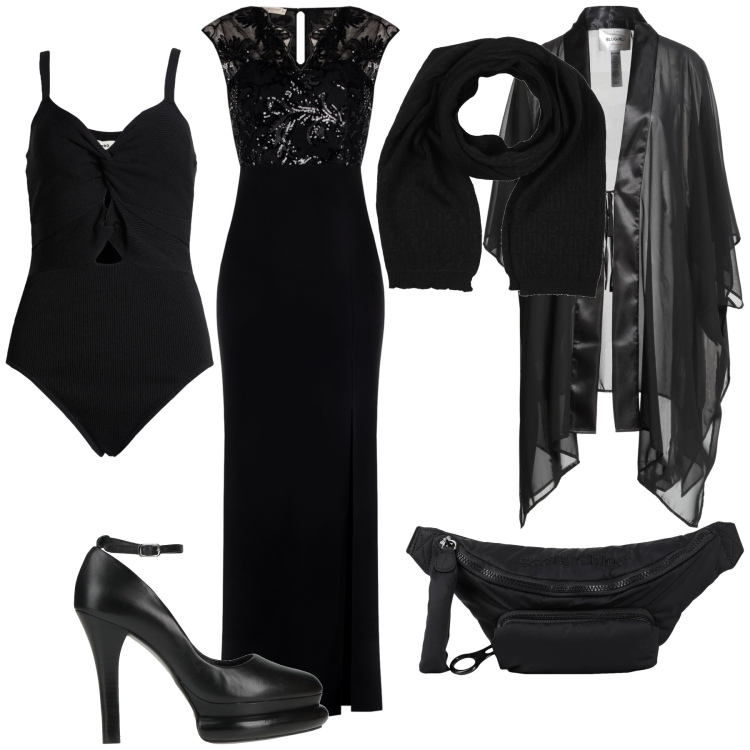 Outfit donna - Dress code long dress. Stile Glamour per Serata fuori. Abbinamento con sciarpe, cappe, marsupi, body, décolleté, vestiti.