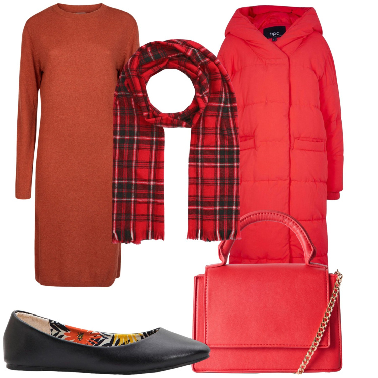 Outfit donna - Ufficio molto allegro. Stile Urban per Ufficio. Abbinamento con piumini, ballerine, borse a tracolla, sciarpe, vestiti midi/longuette.