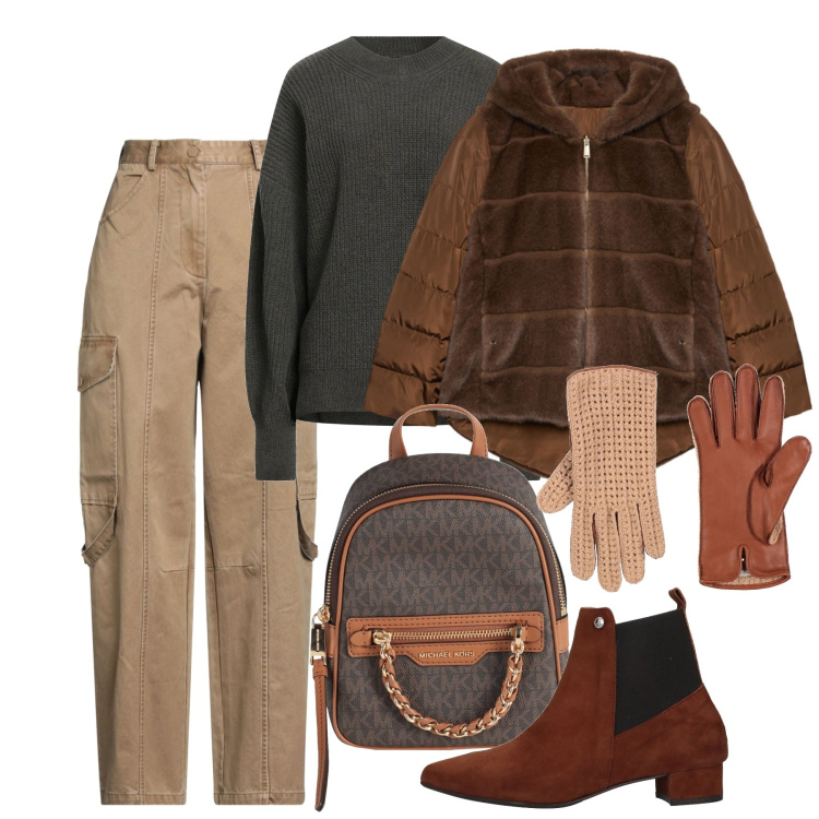 Outfit donna - Il colore delle spezie. Stile Bon Ton per Tutti i giorni. Abbinamento con pullovers, zaini, stivaletti chelsea, guanti, pantaloni cargo, ecopellicce.