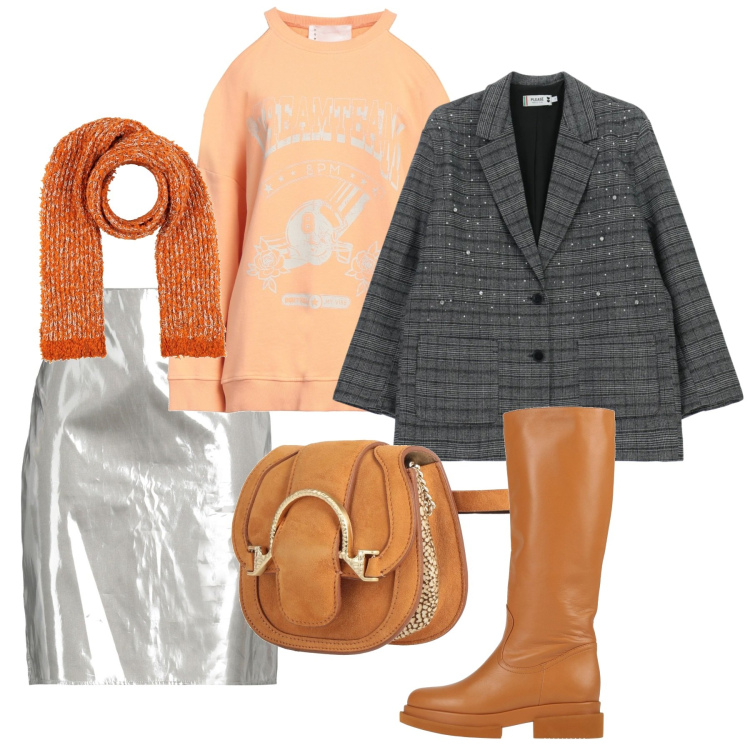 Outfit donna - Felpa e tubino lurex. Stile Chic per Serata fuori. Abbinamento con marsupi, minigonne, sciarpe, felpe, stivali, blazer.