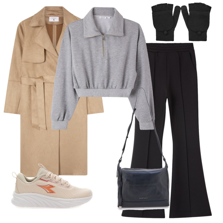 Outfit donna - Basic in saldo. Stile Minimal per Tutti i giorni. Abbinamento con pantaloni, trench, felpe, guanti, borse a tracolla, sneakers.