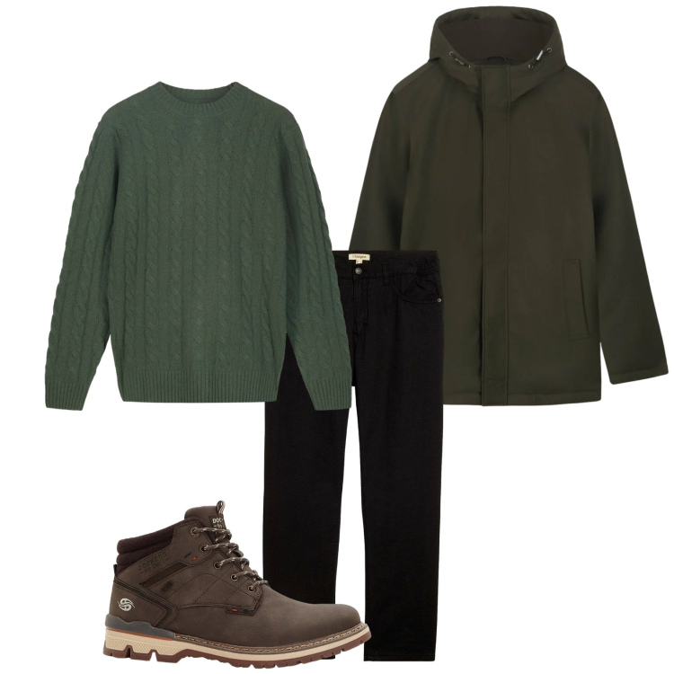 Outfit uomo - Total look verde. Stile Casual per Tutti i giorni. Abbinamento con maglieria, eskimo, pantaloni, stivali e stivaletti.