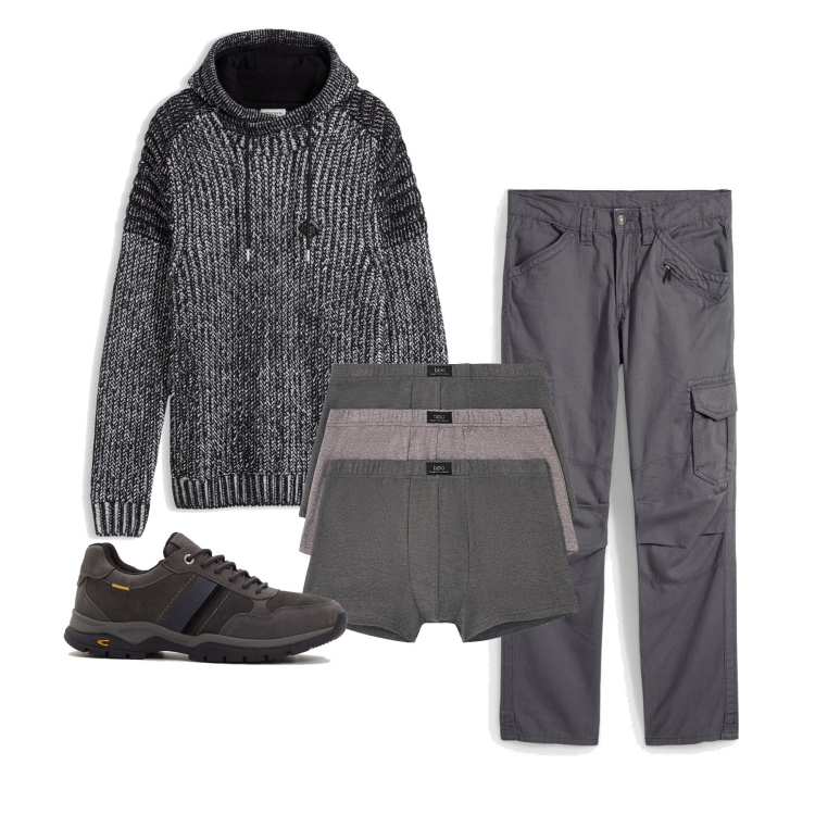 Outfit homme - Janvier. Style Tendance pour Tous les jours. Assortir avec pantalon cargo, pulls, sneakers, boxers.