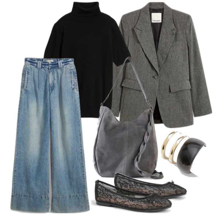 Outfit femme - Janvier. Style Casual chic pour Tous les jours. Assortir avec pulls, sacs à main, blazers, jeans, bracelets, ballerines.