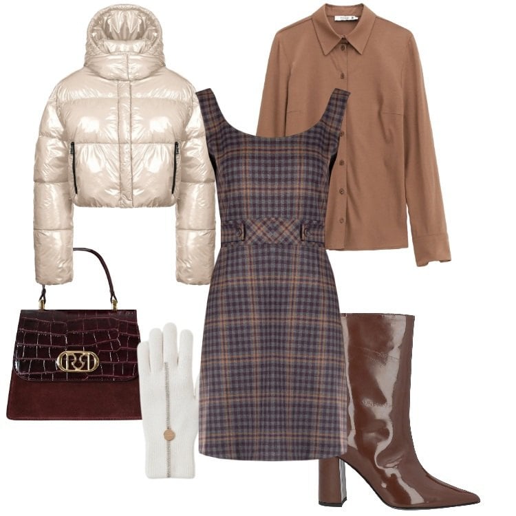 Outfit donna - Inverno caldo. Stile Casual chic per Tutti i giorni. Abbinamento con stivaletti, camicie, piumini, vestiti a tubino, borse a mano, guanti.