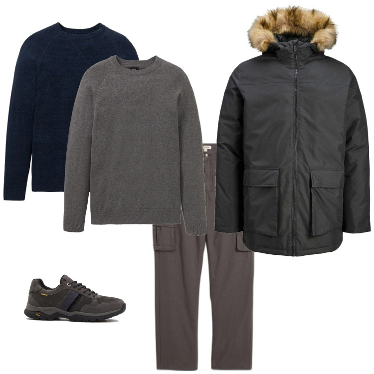 Outfit homme - Casual #740. Style Casual pour Tous les jours. Assortir avec pulls, pantalon cargo, sneakers, parka.