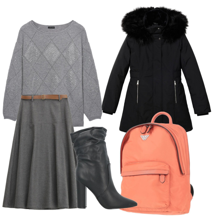 Outfit donna - Tacco 11. Stile Trendy per Ufficio. Abbinamento con stivaletti, zaini, parka, gonne lunghe, maglieria.