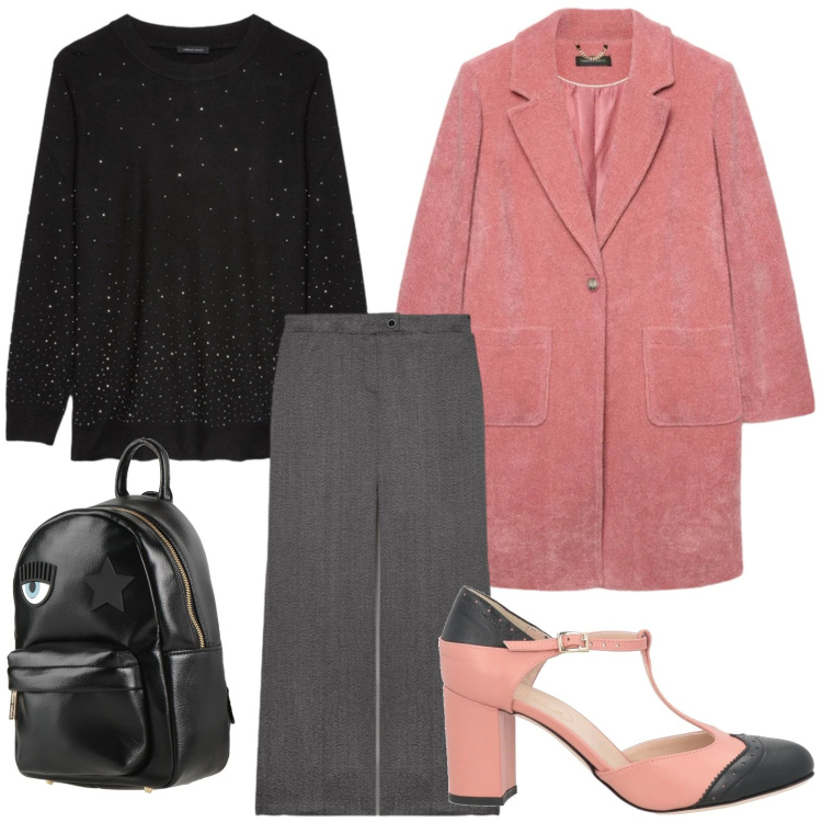 Outfit donna - Il cappotto effetto bouclé. Stile Trendy per Ufficio. Abbinamento con décolleté, zaini, cappotti, pantaloni, maglieria.