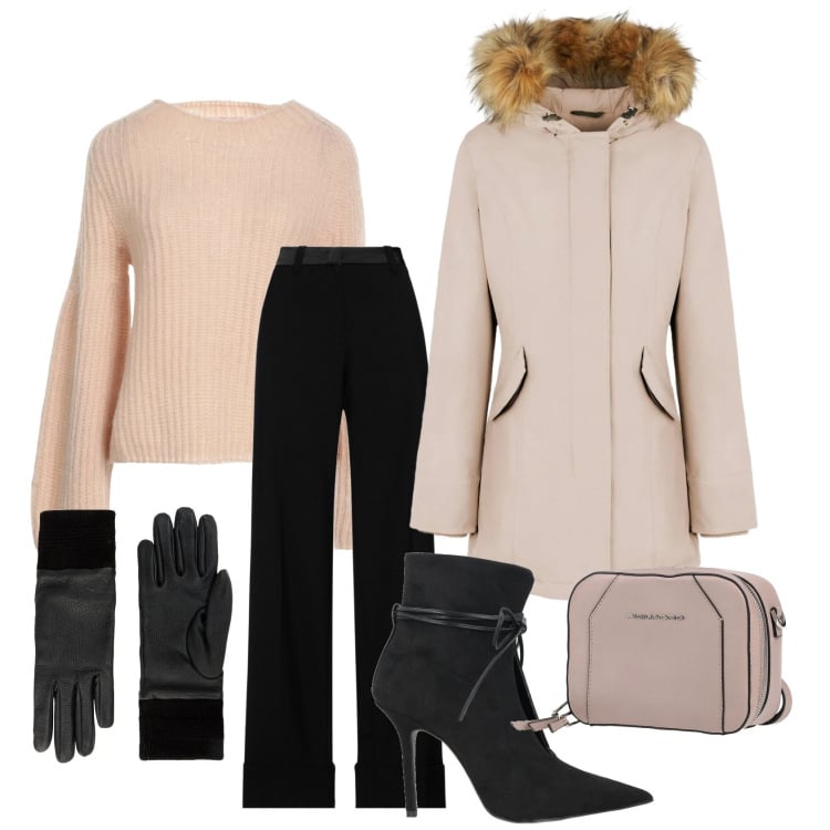 Outfit donna - Minimal anche in inverno. Stile Chic per Serata fuori. Abbinamento con pullovers, marsupi, stivaletti, pantaloni, guanti, parka.