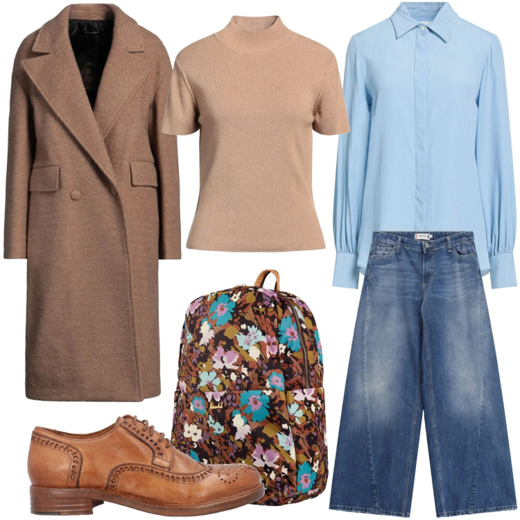 Outfit donna - Lo zaino floreale. Stile Casual per Ufficio. Abbinamento con scarpe stringate, maglieria, valigie, cappotti, camicie, jeans.
