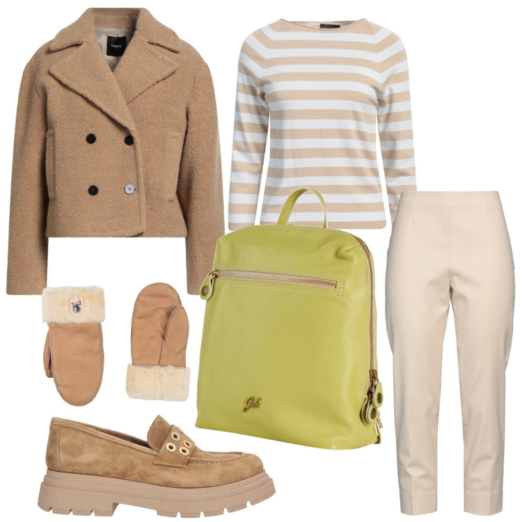 Outfit donna - Lo zaino pastello. Stile Glamour per Ufficio. Abbinamento con zaini, pullovers, guanti, mocassini, caban, pantaloni.