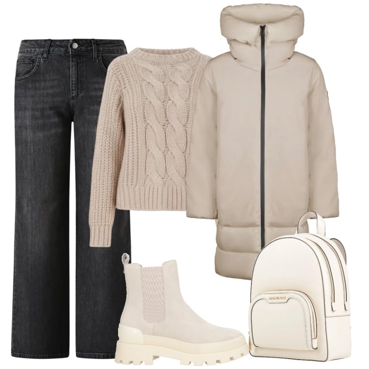 Outfit donna - Total look #2318343. Stile Casual per Tutti i giorni. Abbinamento con stivaletti chelsea, zaini, cappotti, maglieria, jeans dritti.