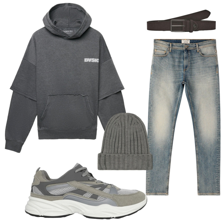 Outfit uomo - Total look #2318345. Stile Casual per Tutti i giorni. Abbinamento con jeans skinny, sneakers, cinture, felpe con cappuccio, berretti.