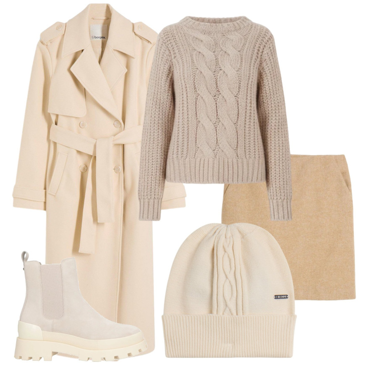 Outfit donna - Romantico invernale. Stile Romantica per Tutti i giorni. Abbinamento con gonne, trench, stivaletti chelsea, berretti, maglieria.