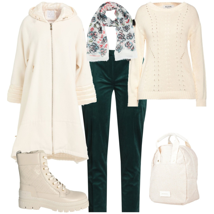 Outfit donna - Casual chic crema verde. Stile Casual chic per Tutti i giorni. Abbinamento con cappotti, stivaletti, pantaloni, zaini, sciarpe, pullovers.