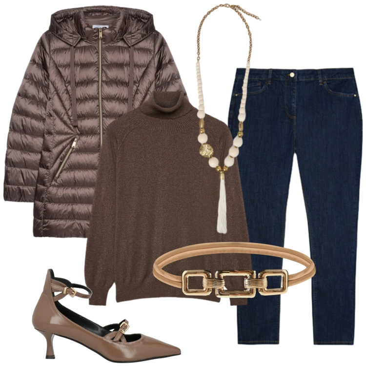 Outfit donna - Un thè caldo con le amiche. Stile Casual chic per Tutti i giorni. Abbinamento con décolleté, cinture, piumini, maglieria, jeans skinny, ciondoli.