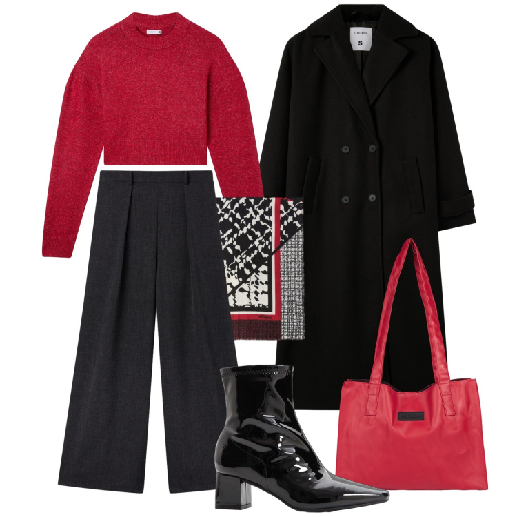 Outfit donna - Un tocco di rosso. Stile Casual chic per Tutti i giorni. Abbinamento con stivaletti, maglieria, pantaloni, cappotti, shopping bag, sciarpe.