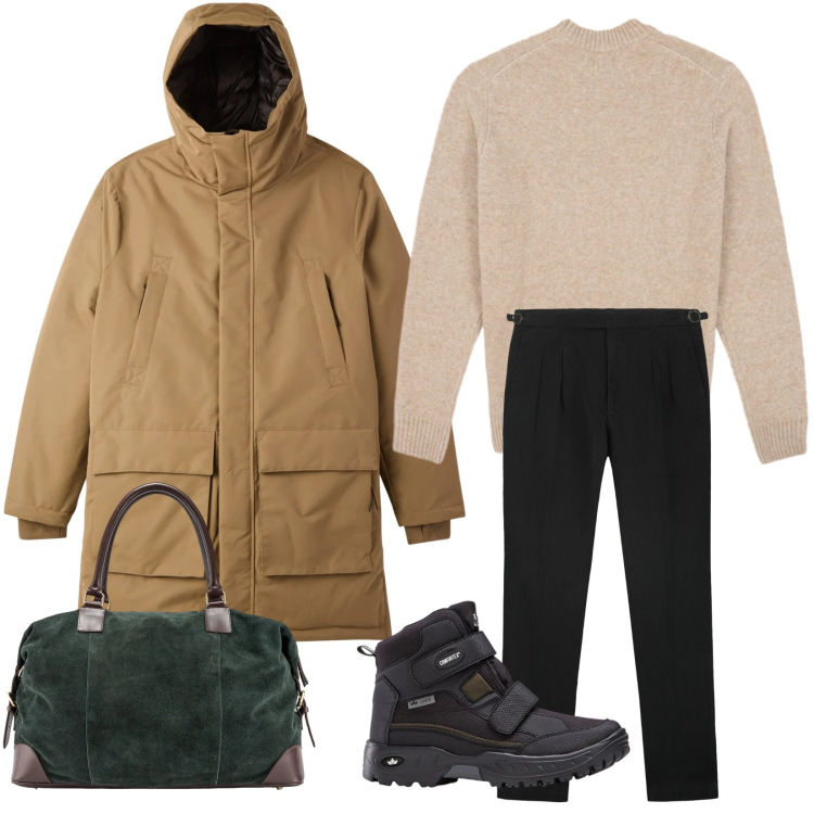 Outfit uomo - Freddo invernale. Stile Casual per Tutti i giorni. Abbinamento con stivali e stivaletti, parka, borse sportive, maglieria, pantaloni.