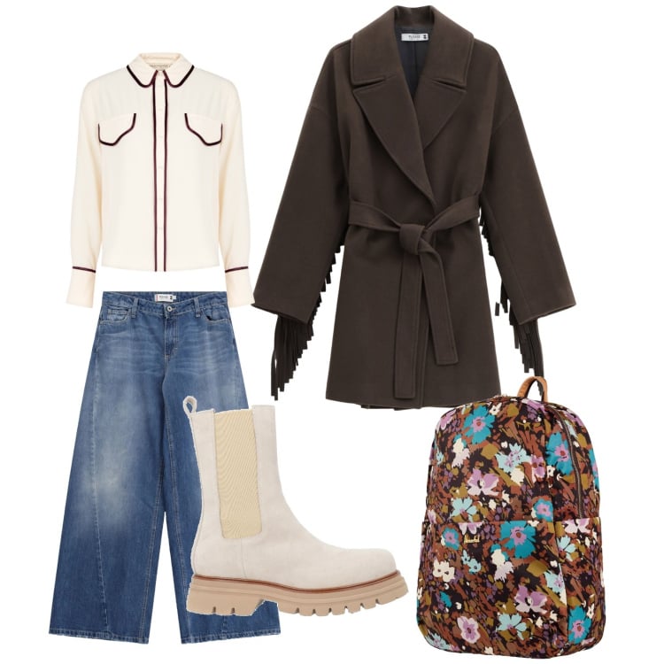 Outfit donna - Lo zaino a fiori. Stile Casual per Tutti i giorni. Abbinamento con stivaletti, valigie, jeans, cappotti, camicie.