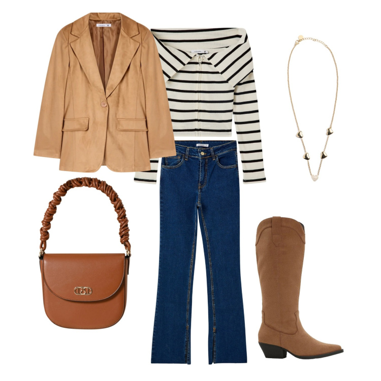 Outfit donna - Total look #2318367. Abbinamento con stivali, cardigans, blazer, jeans dritti, collane, borse a mano.