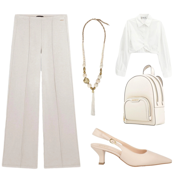 Outfit donna - Stanca dell\'inverno. Stile Casual chic per Tutti i giorni. look ideale per Petite. Abbinamento con zaini, décolleté, camicie, pantaloni, ciondoli.