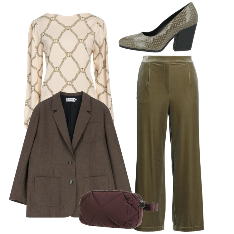 Outfit donna - Total look. Stile Chic per Tutti i giorni. Abbinamento con décolleté, pantaloni, marsupi, pullovers, blazer.