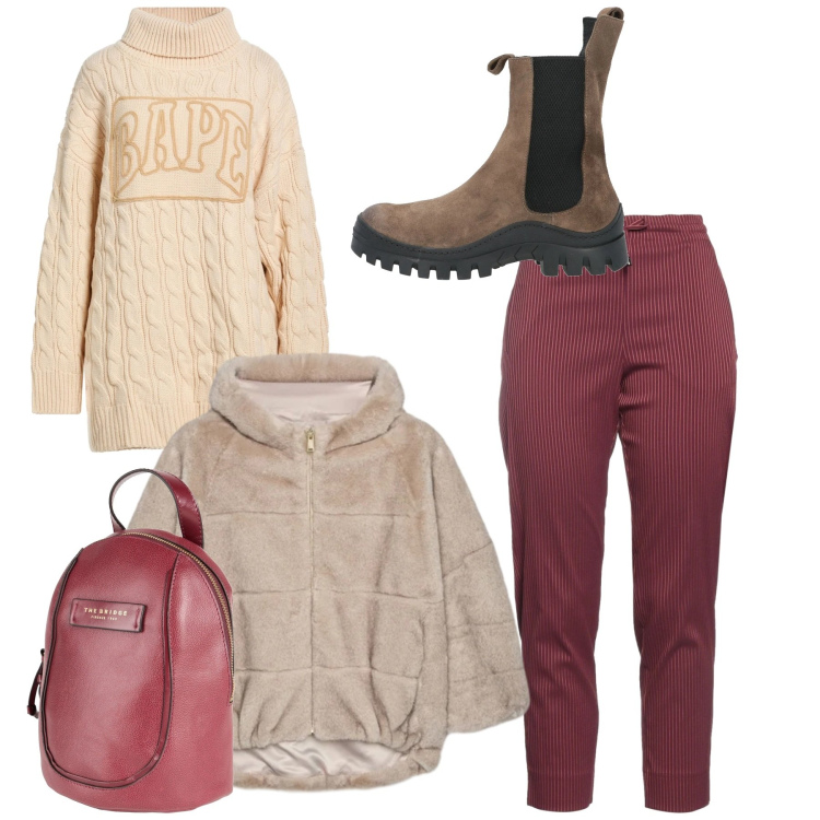 Outfit donna - Total look. Stile Bon Ton per Tutti i giorni. Abbinamento con stivaletti chelsea, pantaloni, zaini, maglieria, ecopellicce.