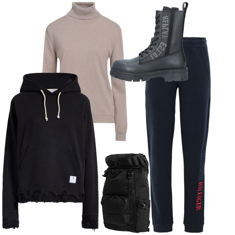 Outfit donna - Sporty total look. Stile Sporty chic per Tutti i giorni. Abbinamento con pantaloni, anfibi, maglieria, felpe con cappuccio, zaini.