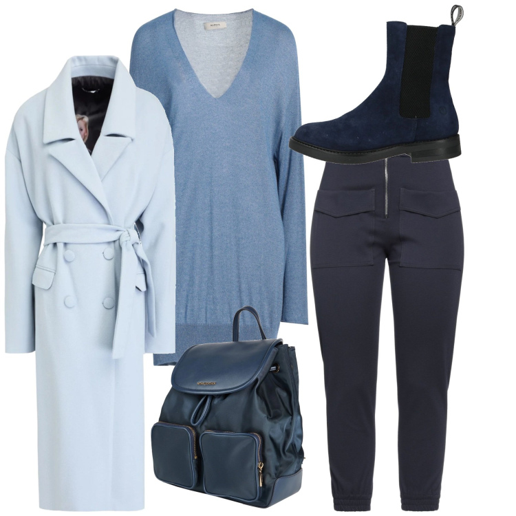Outfit donna - Total sky. Stile Bon Ton per Tutti i giorni. Abbinamento con pullovers, stivaletti chelsea, pantaloni, cappotti, zaini.