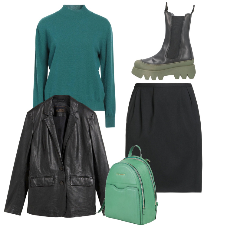 Outfit donna - Total elegante. Stile Bon Ton per Tutti i giorni. Abbinamento con blazer, minigonne, stivaletti, zaini, pullovers.