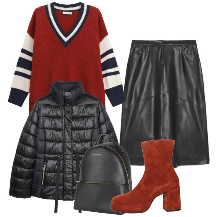 Outfit donna - Total look. Stile Bon Ton per Tutti i giorni. Abbinamento con stivaletti, zaini, maglieria, gonne lunghe, piumini.