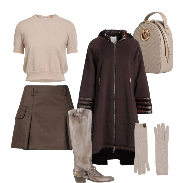 Outfit donna - Cioccolato e greige. Stile Trendy per Tutti i giorni. Abbinamento con cappotti, minigonne, stivali, pullovers, guanti, zaini.