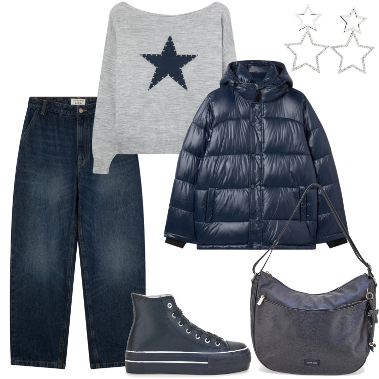 Outfit donna - Saldi FW25 Terranova. Stile Casual per Tutti i giorni. Abbinamento con maglieria, jeans, orecchini, bomber, sneakers, borse a spalla.