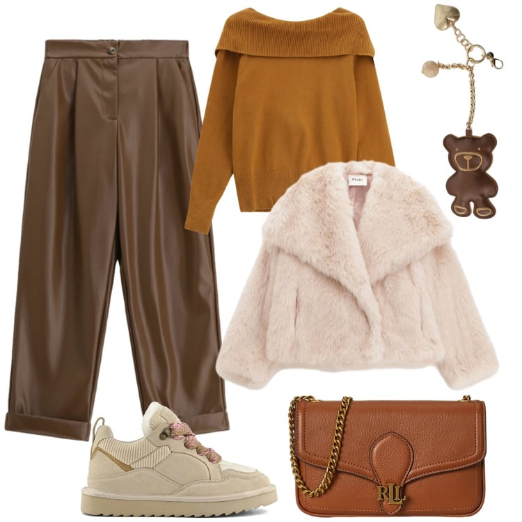 Outfit donna - Casual glam. Stile Casual chic per Tutti i giorni. Abbinamento con clutch, pantaloni, blazer, maglieria, portachiavi, sneakers alte.