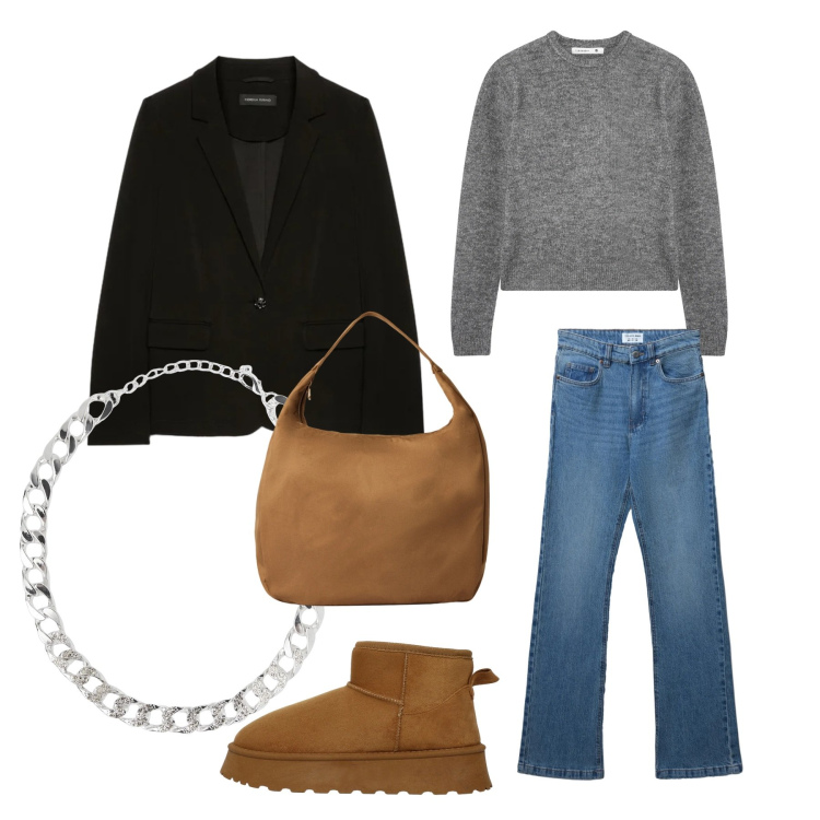 Outfit donna - Total look #2318400. Stile Casual per Tutti i giorni. Abbinamento con jeans bootcut, borse a mano, maglieria, collane, stivali, blazer.