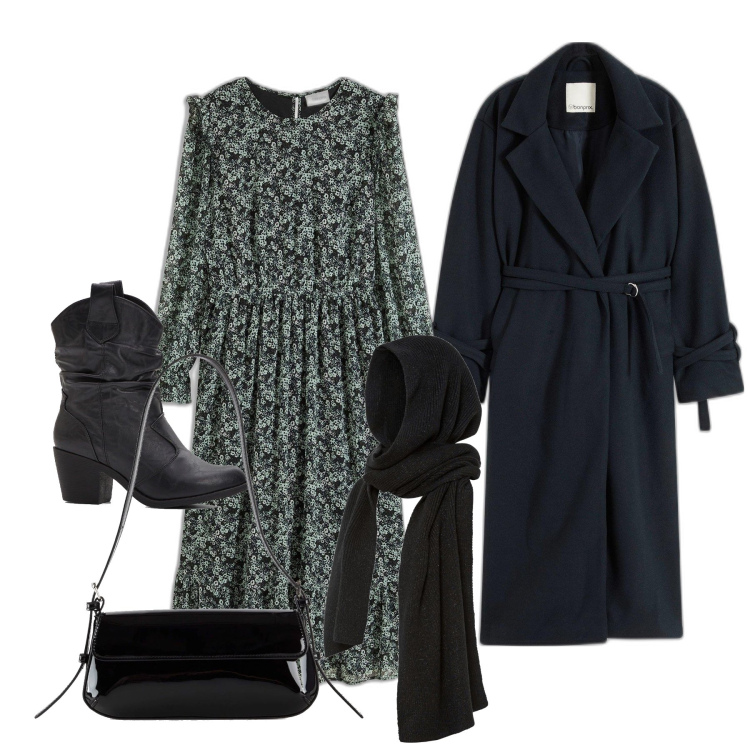 Outfit femme - Janvier. Style Boho pour Tous les jours. Assortir avec bottines texanes, écharpes, sacs à main, robes mi-longues/au genou, manteaux.