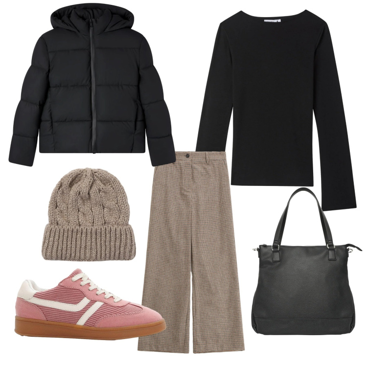 Outfit donna - Total look #2318408. Stile Casual per Tutti i giorni. Abbinamento con sneakers, bomber, t-shirt, berretti, shopping bag, pantaloni a palazzo.