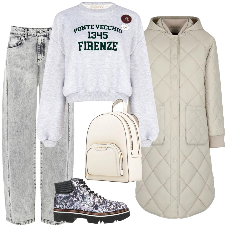 Outfit donna - Gita a Firenze. Stile Basic per Tutti i giorni. Abbinamento con stivaletti, zaini, piumini, felpe, jeans.