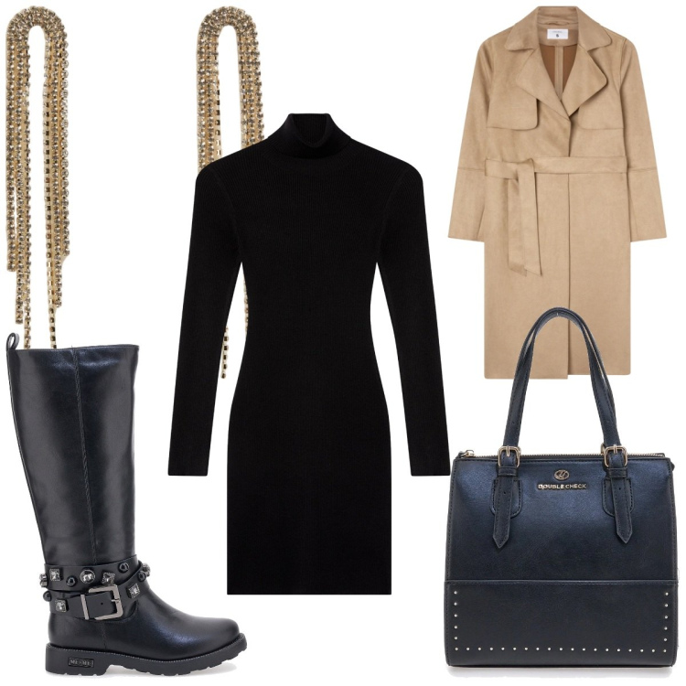 Outfit donna - Total look #2318420. Stile Casual chic per Tutti i giorni. Abbinamento con trench, vestiti corti, orecchini, stivali sopra il ginocchio, borse a mano.