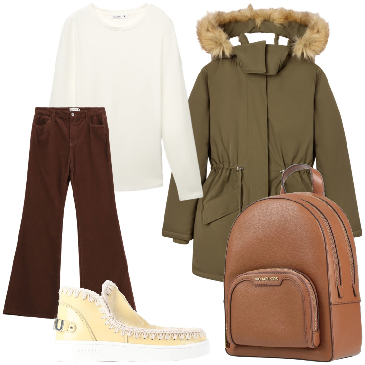 Outfit donna - Viaggio breve con zaino grande. Stile Casual chic per Tutti i giorni. Abbinamento con zaini, stivaletti, t-shirt, parka, pantaloni.